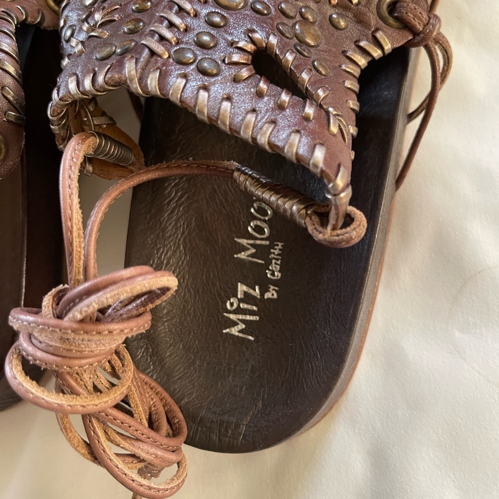 Miz Mooz Brown Studded Cutout Leather Sandals with Lacing - Picture 4 of 8